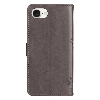 For iPhone 16e Tree & Cat Embossed Pattern Flip Leather Phone Case(Grey) by buy2fix