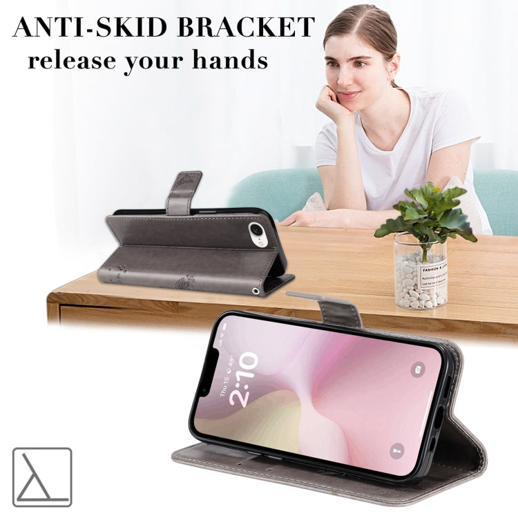 For iPhone 16e Tree & Cat Embossed Pattern Flip Leather Phone Case(Grey) by buy2fix