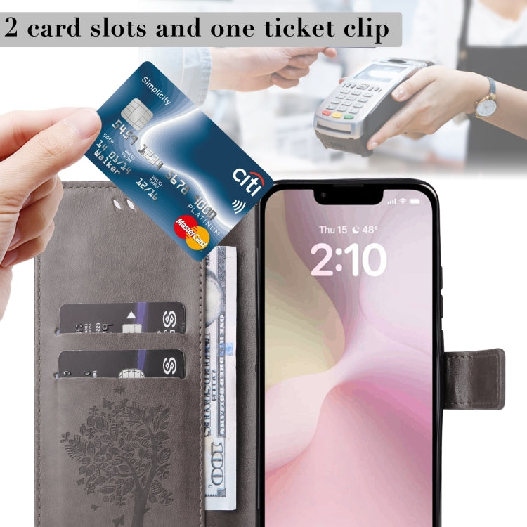 For iPhone 16e Tree & Cat Embossed Pattern Flip Leather Phone Case(Grey) by buy2fix