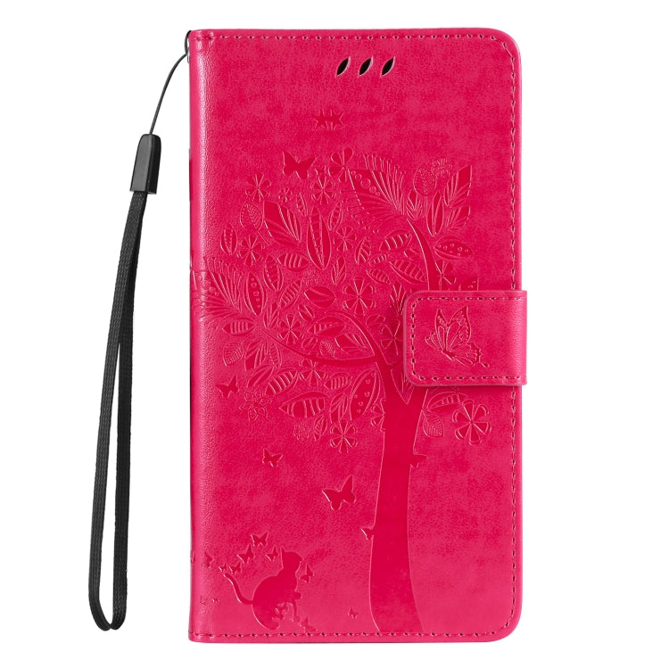 For iPhone 16e Tree & Cat Embossed Pattern Flip Leather Phone Case(Rose Red) by buy2fix