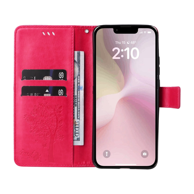 For iPhone 16e Tree & Cat Embossed Pattern Flip Leather Phone Case(Rose Red) by buy2fix