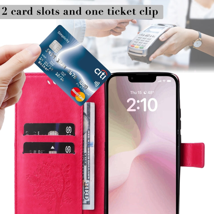 For iPhone 16e Tree & Cat Embossed Pattern Flip Leather Phone Case(Rose Red) by buy2fix