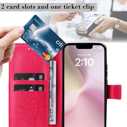 For iPhone 16e Tree & Cat Embossed Pattern Flip Leather Phone Case(Rose Red) by buy2fix