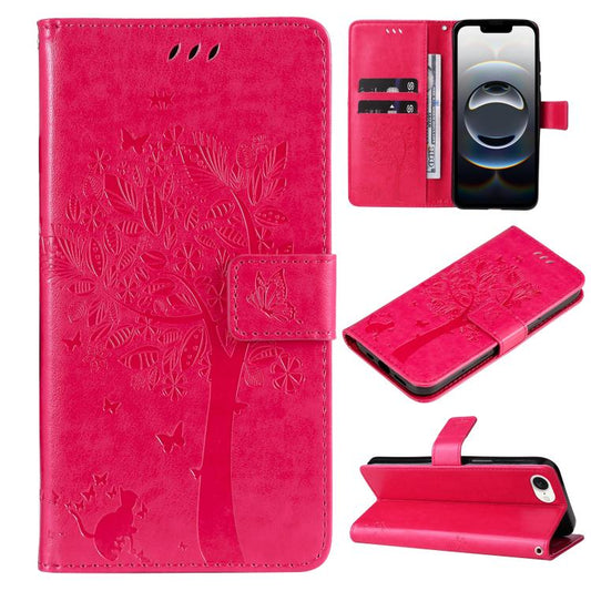 For iPhone 16e Tree & Cat Embossed Pattern Flip Leather Phone Case(Rose Red) by buy2fix