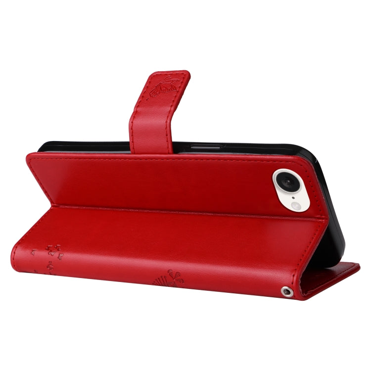 For iPhone 16e Tree & Cat Embossed Pattern Flip Leather Phone Case(Red) by buy2fix