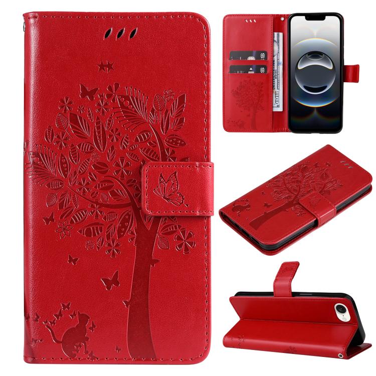 For iPhone 16e Tree & Cat Embossed Pattern Flip Leather Phone Case(Red) by buy2fix
