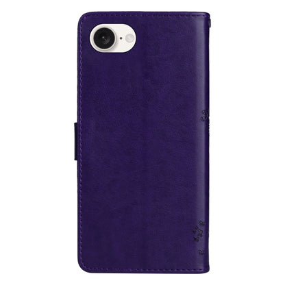 For iPhone 16e Tree & Cat Embossed Pattern Flip Leather Phone Case(Purple) by buy2fix