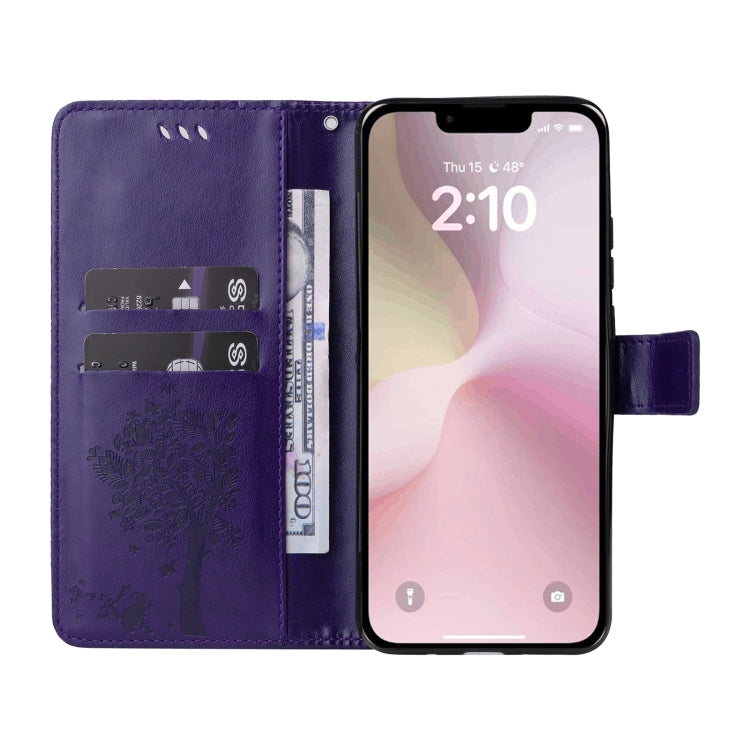 For iPhone 16e Tree & Cat Embossed Pattern Flip Leather Phone Case(Purple) by buy2fix