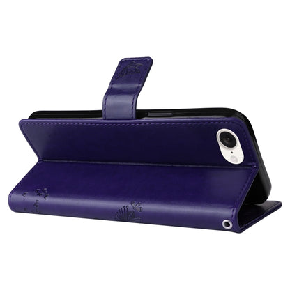 For iPhone 16e Tree & Cat Embossed Pattern Flip Leather Phone Case(Purple) by buy2fix