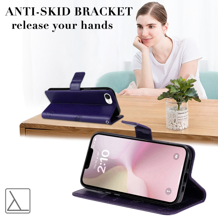 For iPhone 16e Tree & Cat Embossed Pattern Flip Leather Phone Case(Purple) by buy2fix