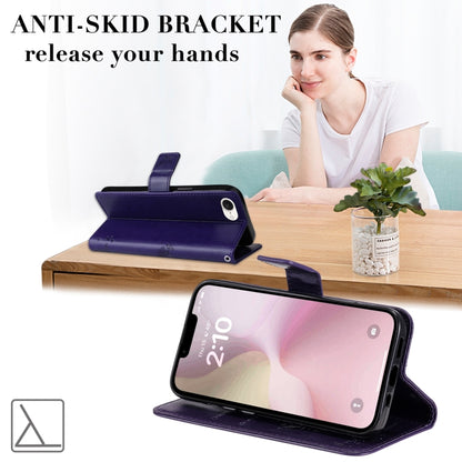 For iPhone 16e Tree & Cat Embossed Pattern Flip Leather Phone Case(Purple) by buy2fix