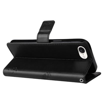 For iPhone 16e Tree & Cat Embossed Pattern Flip Leather Phone Case(Black) by buy2fix