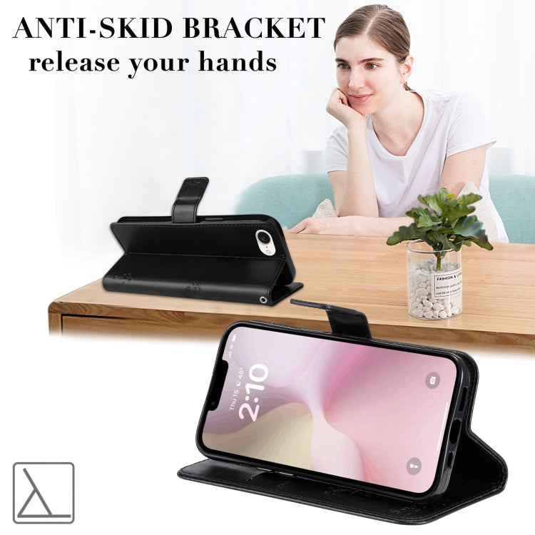 For iPhone 16e Tree & Cat Embossed Pattern Flip Leather Phone Case(Black) by buy2fix