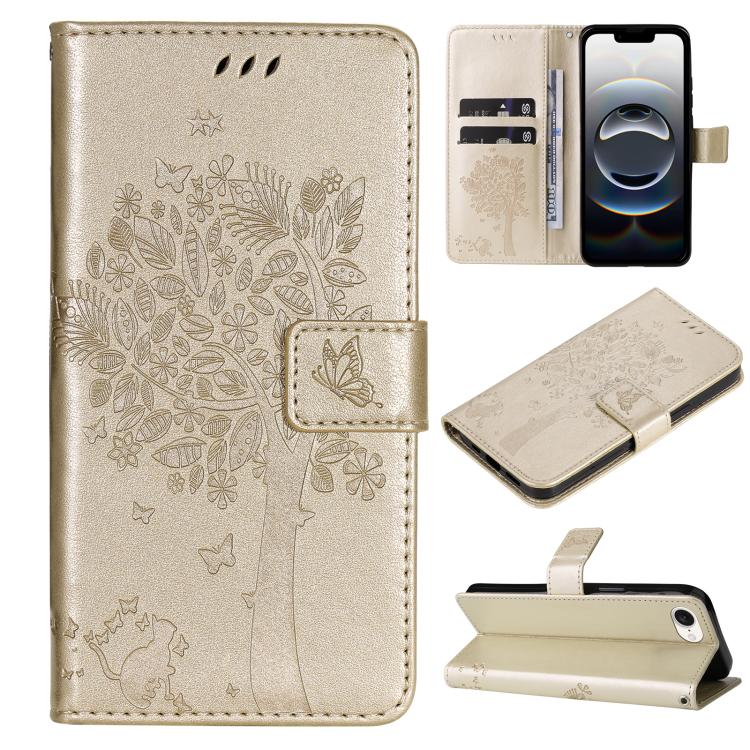 For iPhone 16e Tree & Cat Embossed Pattern Flip Leather Phone Case(Gold) by buy2fix