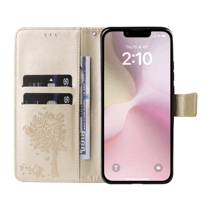 For iPhone 16e Tree & Cat Embossed Pattern Flip Leather Phone Case(Gold) by buy2fix