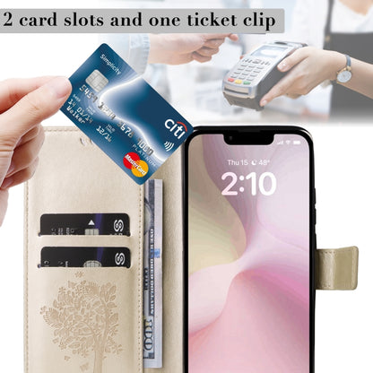 For iPhone 16e Tree & Cat Embossed Pattern Flip Leather Phone Case(Gold) by buy2fix