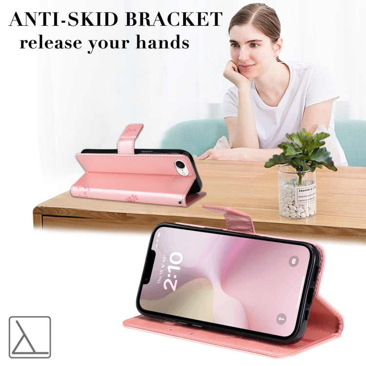 For iPhone 16e Tree & Cat Embossed Pattern Flip Leather Phone Case(Rose Gold) by buy2fix