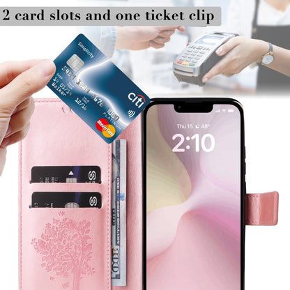 For iPhone 16e Tree & Cat Embossed Pattern Flip Leather Phone Case(Rose Gold) by buy2fix