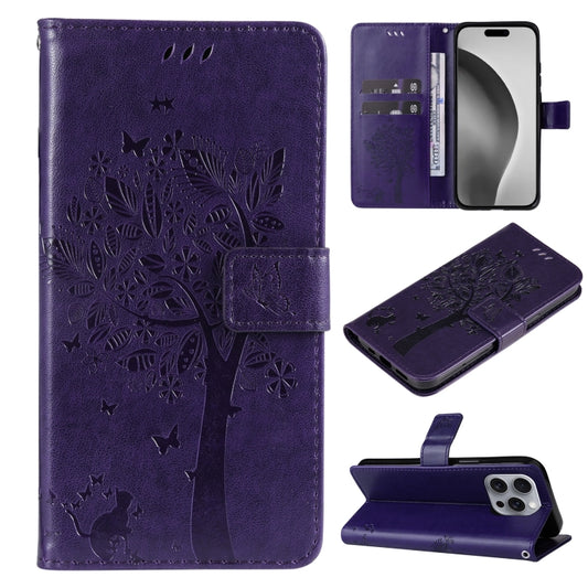 For iPhone 16 Pro Max Tree & Cat Embossed Pattern Flip Leather Phone Case(Purple) - iPhone 16 Pro Max Cases by buy2fix | Online Shopping UK | buy2fix