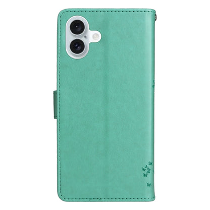 For iPhone 16 Plus Tree & Cat Embossed Pattern Flip Leather Phone Case(Green) - iPhone 16 Plus Cases by buy2fix | Online Shopping UK | buy2fix