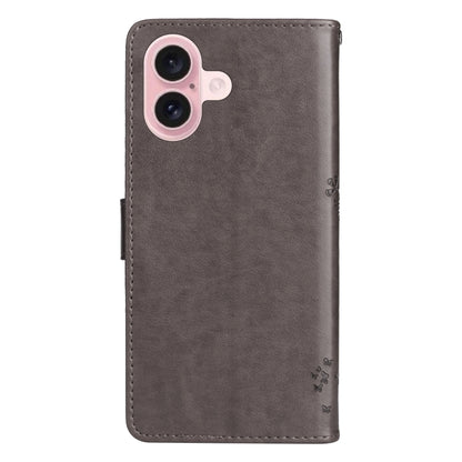 For iPhone 16 Tree & Cat Embossed Pattern Flip Leather Phone Case(Grey) - iPhone 16 Cases by buy2fix | Online Shopping UK | buy2fix