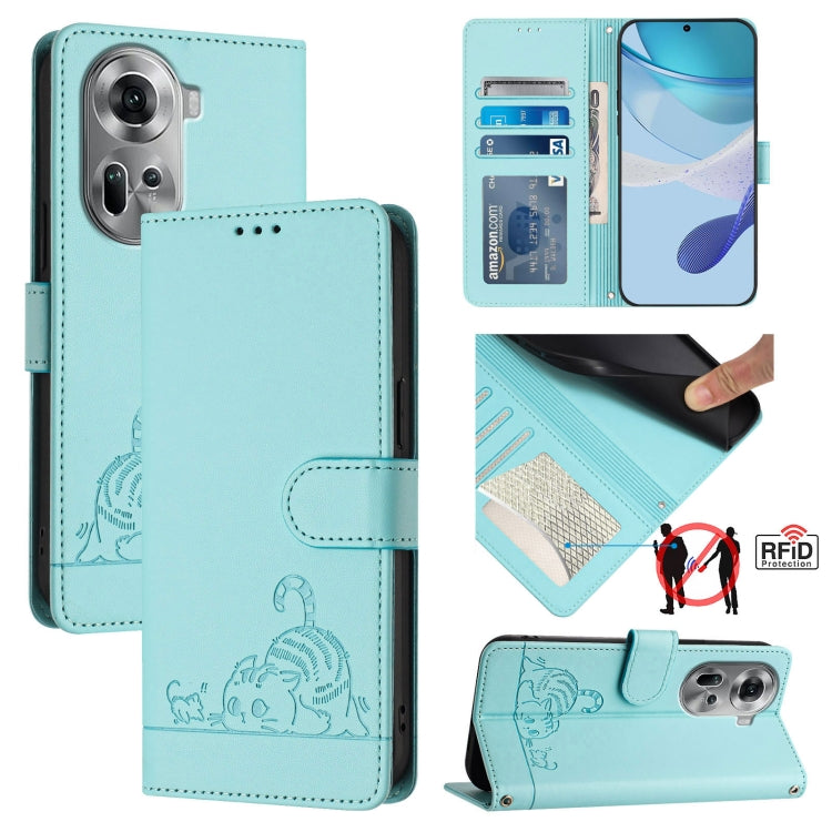 For OPPO Reno11 5G Global Cat Rat Embossed Pattern RFID Leather Phone Case with Lanyard(Mint Green) - OPPO Cases by buy2fix | Online Shopping UK | buy2fix