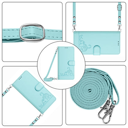 For OPPO Reno11 5G Global Cat Rat Embossed Pattern RFID Leather Phone Case with Lanyard(Mint Green) - OPPO Cases by buy2fix | Online Shopping UK | buy2fix