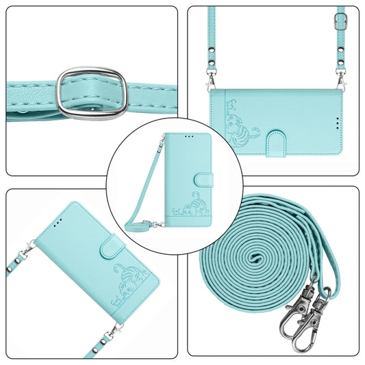 For OPPO Reno11 5G Global Cat Rat Embossed Pattern RFID Leather Phone Case with Lanyard(Mint Green) - OPPO Cases by buy2fix | Online Shopping UK | buy2fix