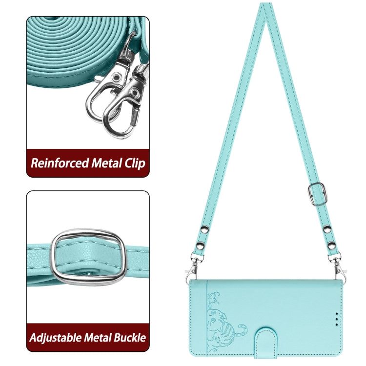 For OPPO Reno11 5G Global Cat Rat Embossed Pattern RFID Leather Phone Case with Lanyard(Mint Green) - OPPO Cases by buy2fix | Online Shopping UK | buy2fix