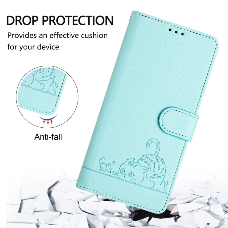 For OPPO Reno11 5G Global Cat Rat Embossed Pattern RFID Leather Phone Case with Lanyard(Mint Green) - OPPO Cases by buy2fix | Online Shopping UK | buy2fix