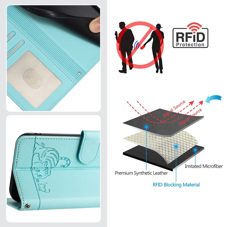 For OPPO Reno11 5G Global Cat Rat Embossed Pattern RFID Leather Phone Case with Lanyard(Mint Green) - OPPO Cases by buy2fix | Online Shopping UK | buy2fix