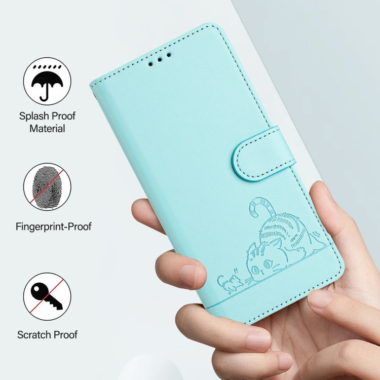 For OPPO Reno11 5G Global Cat Rat Embossed Pattern RFID Leather Phone Case with Lanyard(Mint Green) - OPPO Cases by buy2fix | Online Shopping UK | buy2fix