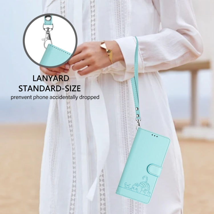For OPPO Reno11 5G Global Cat Rat Embossed Pattern RFID Leather Phone Case with Lanyard(Mint Green) - OPPO Cases by buy2fix | Online Shopping UK | buy2fix