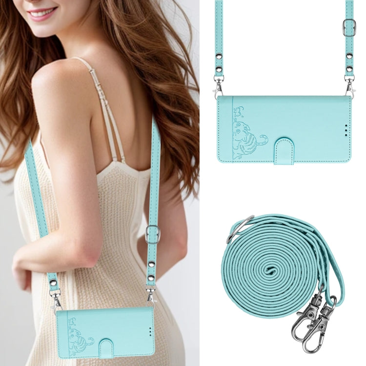 For OPPO Reno11 5G Global Cat Rat Embossed Pattern RFID Leather Phone Case with Lanyard(Mint Green) - OPPO Cases by buy2fix | Online Shopping UK | buy2fix