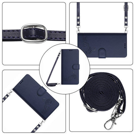 For OPPO Reno11 Pro 5G Global Cat Rat Embossed Pattern RFID Leather Phone Case with Lanyard(Blue) - OPPO Cases by buy2fix | Online Shopping UK | buy2fix