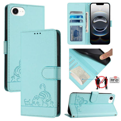 For iPhone SE 2024 Cat Rat Embossed Pattern RFID Leather Phone Case with Lanyard(Mint Green) by buy2fix