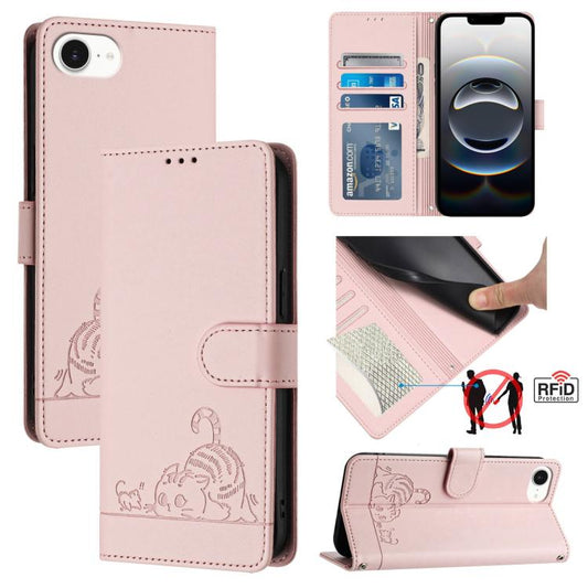 For iPhone SE 2024 Cat Rat Embossed Pattern RFID Leather Phone Case with Lanyard(Pink) by buy2fix