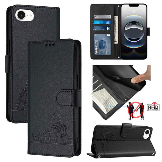 For iPhone SE 2024 Cat Rat Embossed Pattern RFID Leather Phone Case with Lanyard(Black) by buy2fix