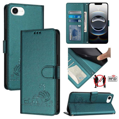 For iPhone SE 2024 Cat Rat Embossed Pattern RFID Leather Phone Case with Lanyard(Peacock Green) by buy2fix