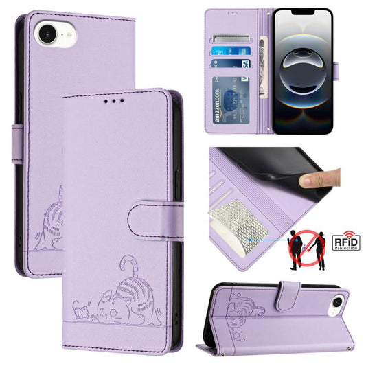 For iPhone SE 2024 Cat Rat Embossed Pattern RFID Leather Phone Case with Lanyard(Purple) by buy2fix