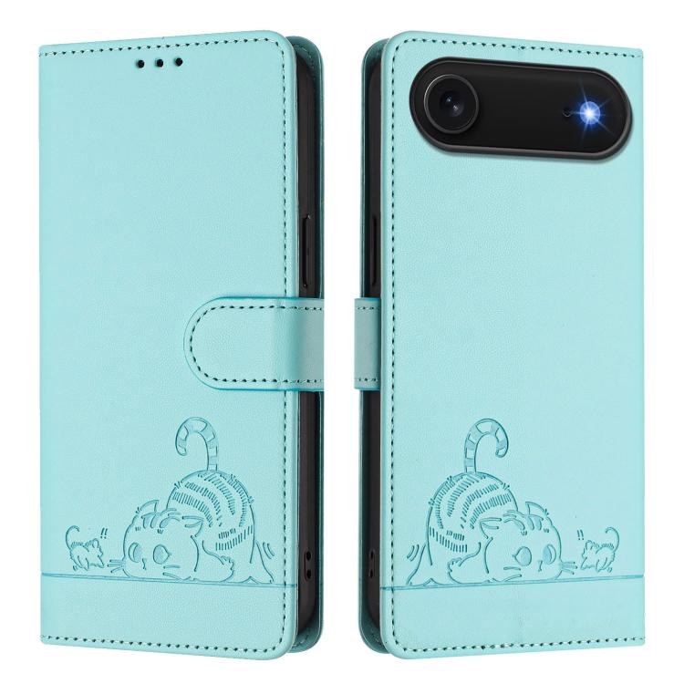 For iPhone Air Cat Rat Embossed Pattern RFID Leather Phone Case with Lanyard(Mint Green) - iPhone Air Cases by buy2fix | Online Shopping UK | buy2fix