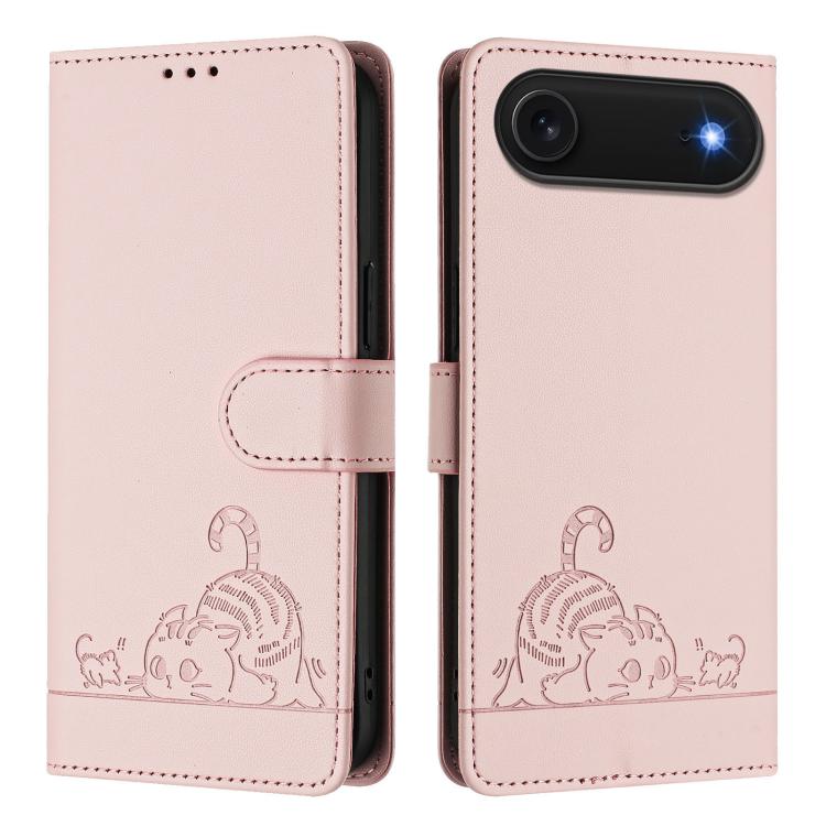 For iPhone Air Cat Rat Embossed Pattern RFID Leather Phone Case with Lanyard(Pink) - iPhone Air Cases by buy2fix | Online Shopping UK | buy2fix