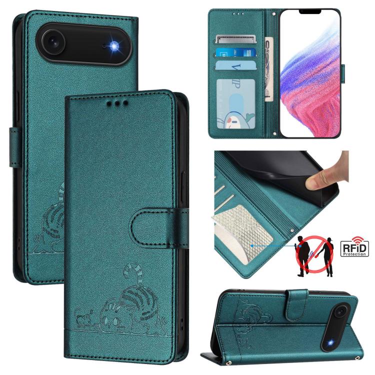 For iPhone Air Cat Rat Embossed Pattern RFID Leather Phone Case with Lanyard(Peacock Green) - iPhone Air Cases by buy2fix | Online Shopping UK | buy2fix