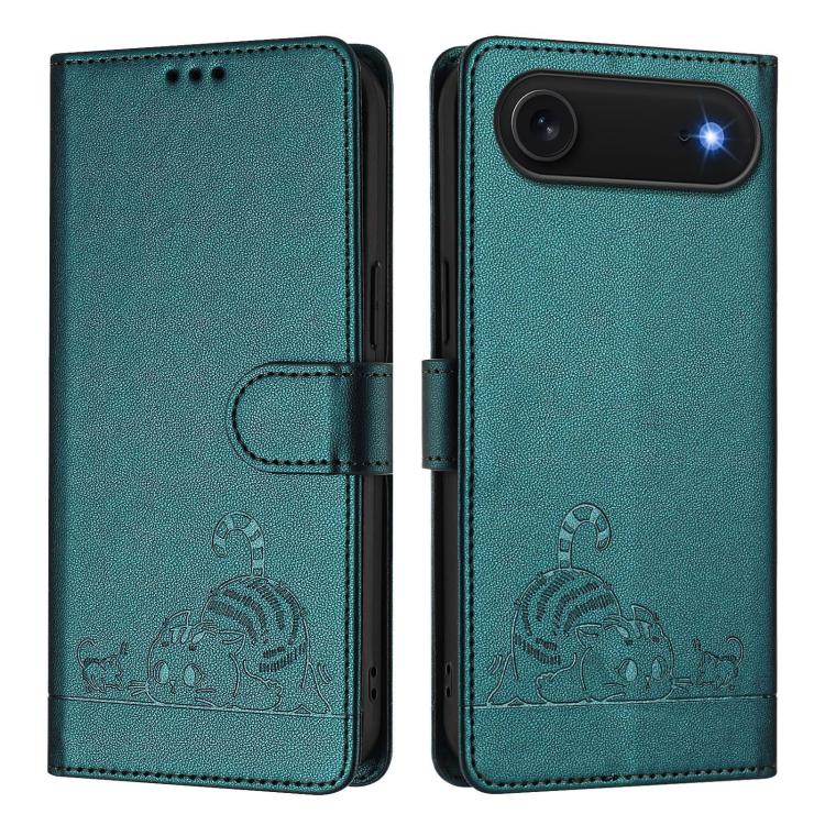 For iPhone Air Cat Rat Embossed Pattern RFID Leather Phone Case with Lanyard(Peacock Green) - iPhone Air Cases by buy2fix | Online Shopping UK | buy2fix