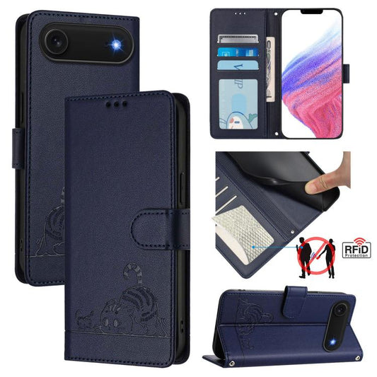 For iPhone Air Cat Rat Embossed Pattern RFID Leather Phone Case with Lanyard(Blue) - iPhone Air Cases by buy2fix | Online Shopping UK | buy2fix