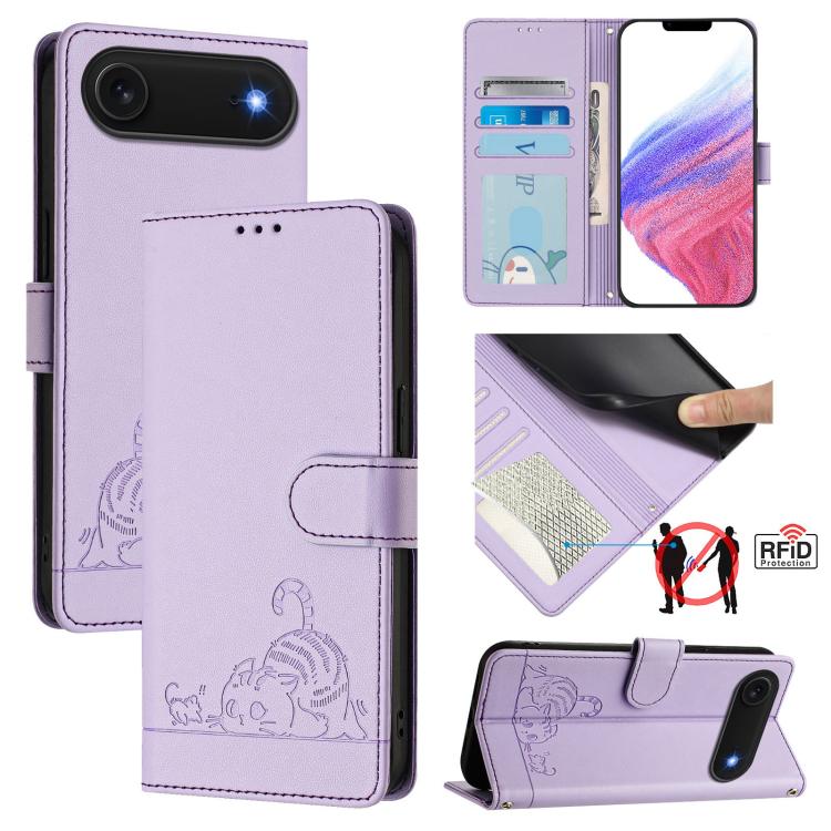 For iPhone Air Cat Rat Embossed Pattern RFID Leather Phone Case with Lanyard(Purple) - iPhone Air Cases by buy2fix | Online Shopping UK | buy2fix