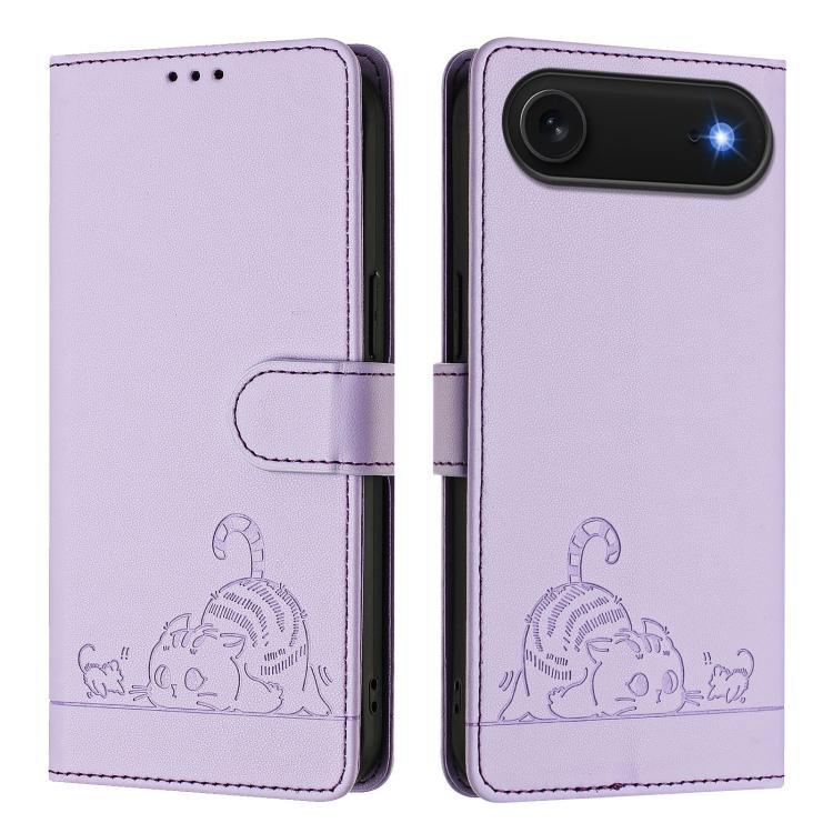 For iPhone Air Cat Rat Embossed Pattern RFID Leather Phone Case with Lanyard(Purple) - iPhone Air Cases by buy2fix | Online Shopping UK | buy2fix