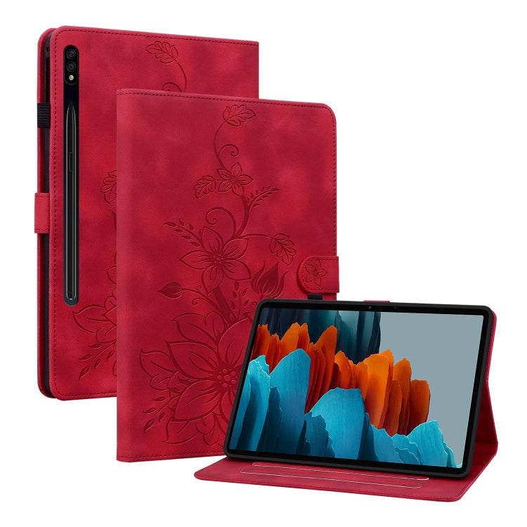 For Samsung Galaxy Tab S7 FE/S8+/S7+ Lily Embossed Leather Tablet Case(Red) by buy2fix