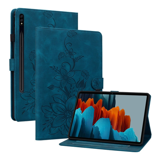 For Samsung Galaxy Tab S7 FE/S8+/S7+ Lily Embossed Leather Tablet Case(Dark Blue) by buy2fix