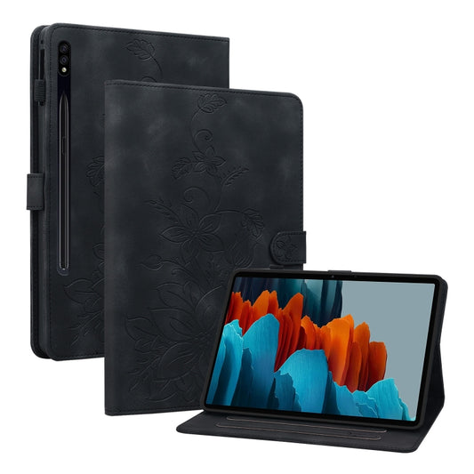 For Samsung Galaxy Tab S7 FE/S8+/S7+ Lily Embossed Leather Tablet Case(Black) by buy2fix